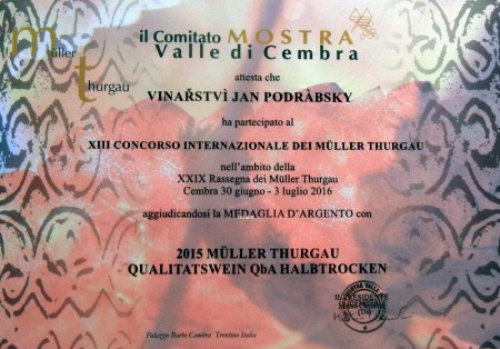 Stříbrná medaile pro Vinařství Podrábský za Müller Thurgau v italském Trentu na soutěži XIII Concorso internazionale dei Müller Thurgau