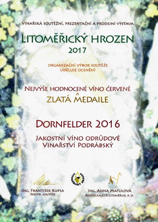 Ocenění pro Dornfelder 2016 Vinařství Podrábský v Litoměřicích