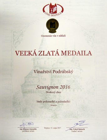 Velké ocenění pro Sauvignon 2016 Vinařství Podrábský na soutěži v Bojnici na Slovensku