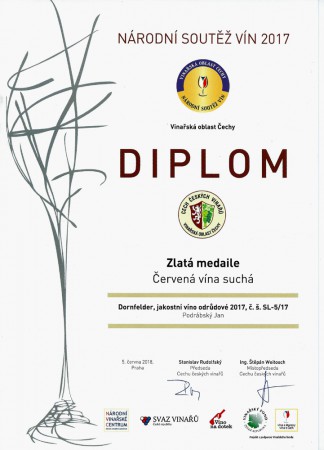Ocenění pro Dornfelder 2017 Vinařství Podrábský na Národní soutěži vín 2017 v Kutné Hoře
